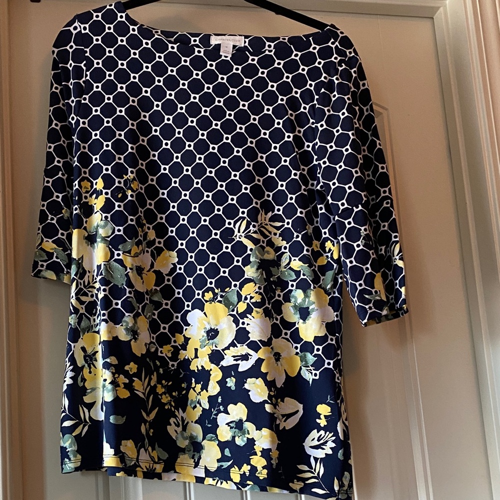 Charter Club Navy and Yellow Floral Long Sleeve Top
